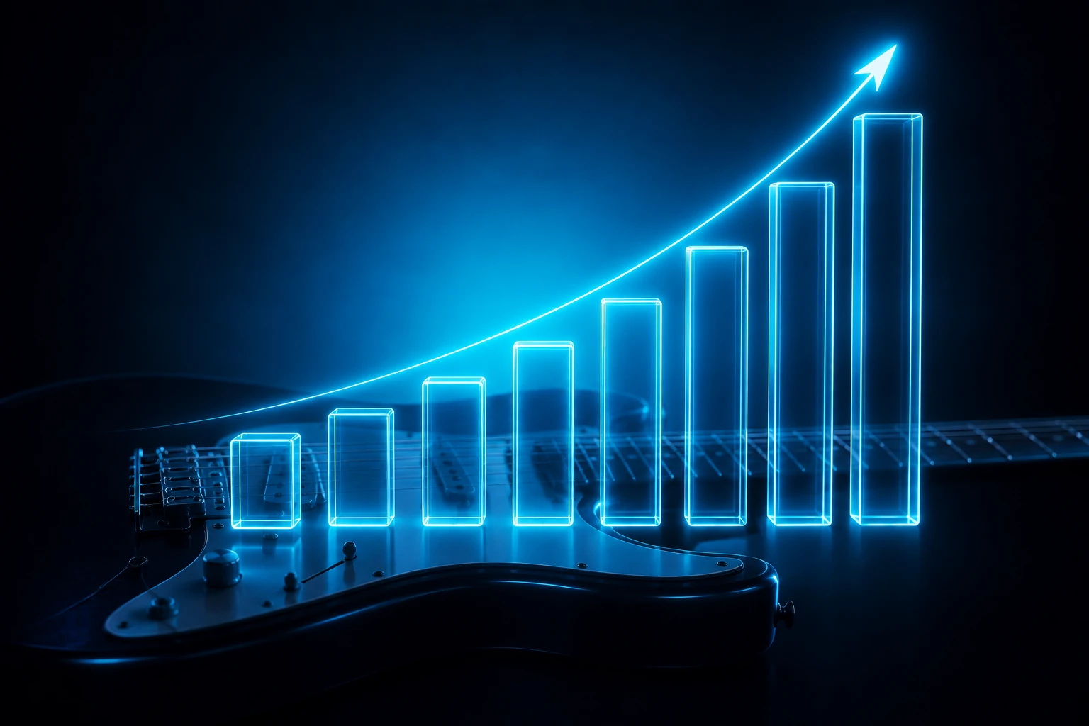 Gráfico ascendente de barras luminosas sobre o corpo de uma guitarra